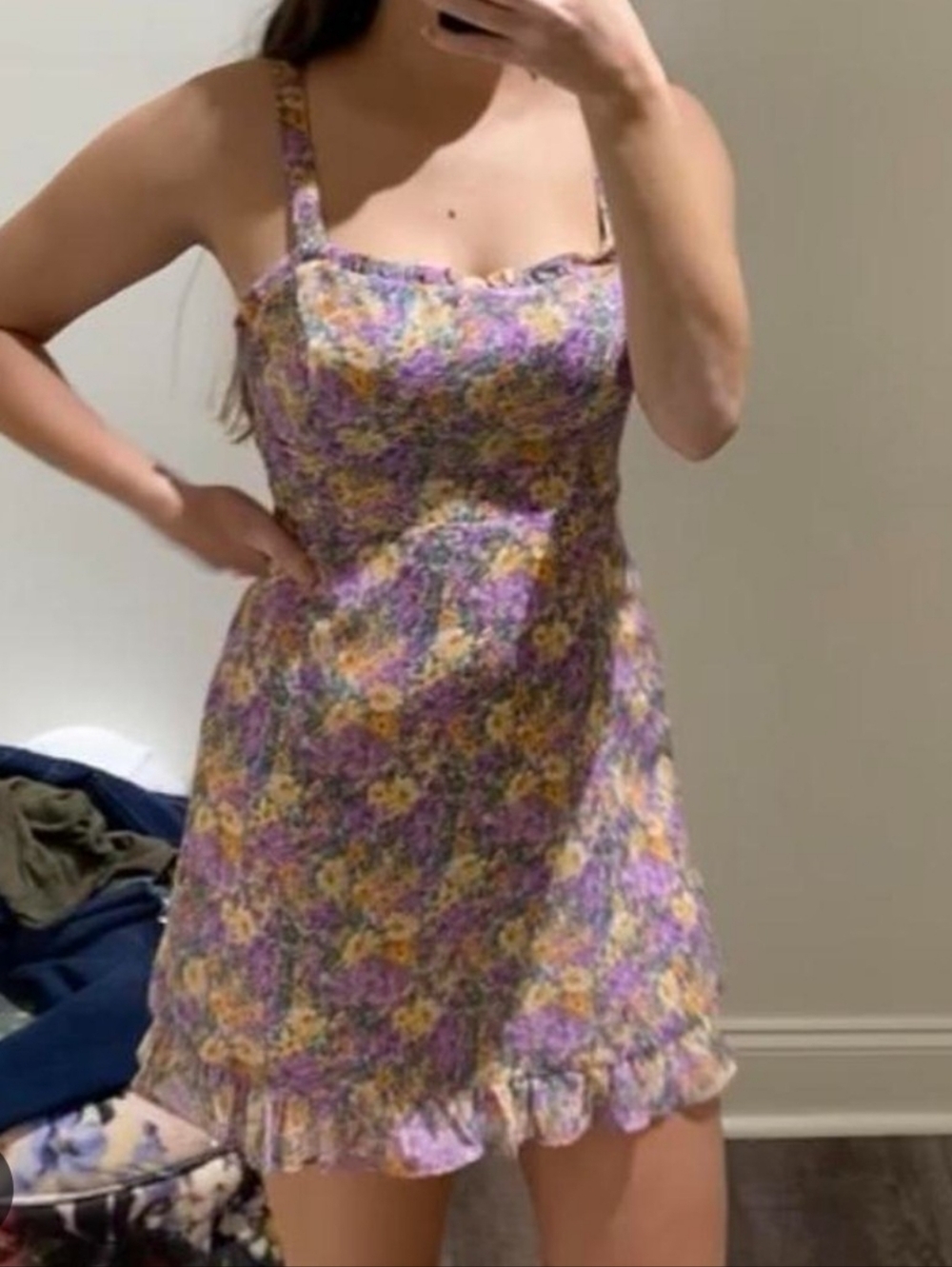 Lush Lavender Floral Strap Mini Dress with Yellow Accents